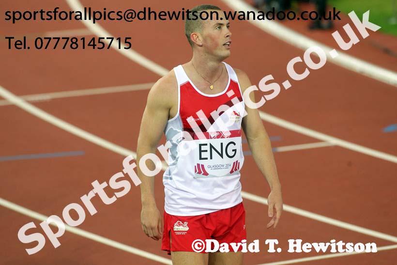 Richard Kilty (England) after running in the 4 x 100 metres heats at the Commonwealth Games, Glasgow. Photo: David T. Hewitson/Sports for All Pics